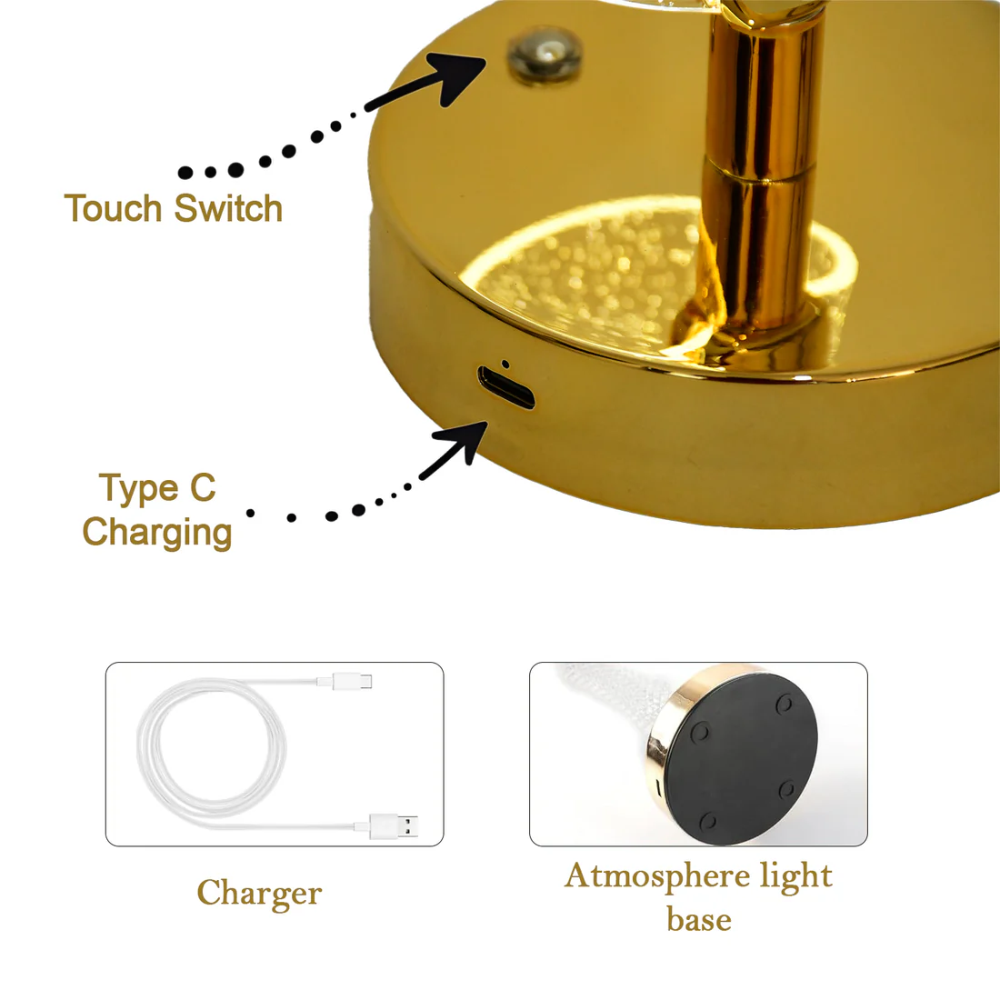 Crystal Table Lamp Sparkle Design with Golden Base LED Light