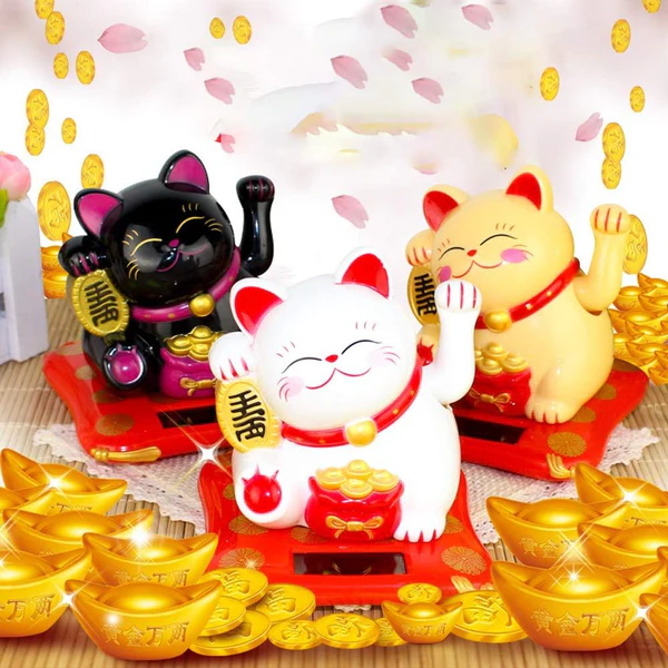 Solar Powered Happy Cat Waving Arm Wealth Decor Showpiece