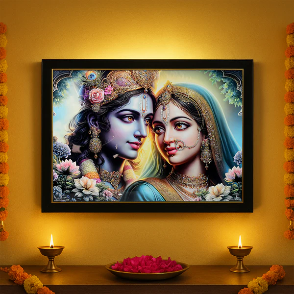 Radha Krishna Wall Painting with Wooden Frame Home Decor