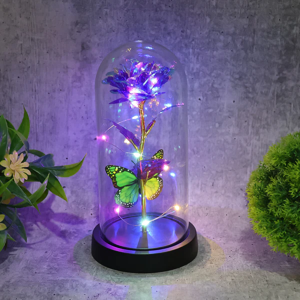 Preserved Rose with Butterfly LED Dome Decorative Showpiece