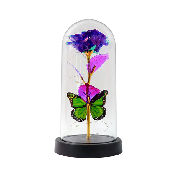 Preserved Rose with Butterfly LED Dome Decorative Showpiece