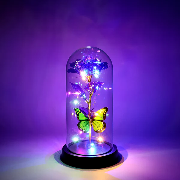 Preserved Rose with Butterfly LED Dome Decorative Showpiece