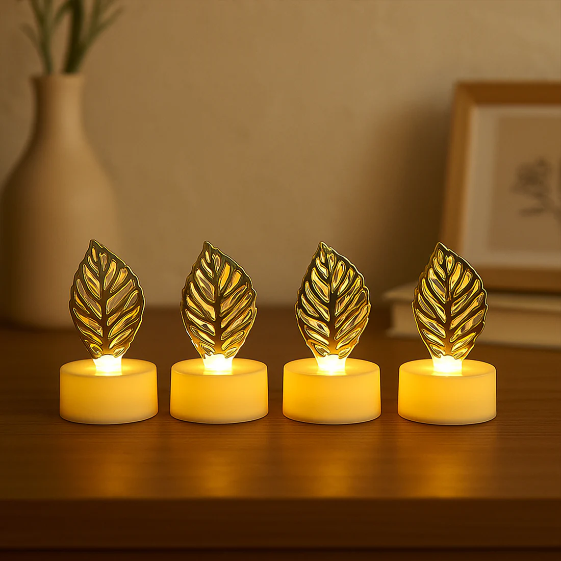 Golden Leaf Shape Flameless LED Candles...