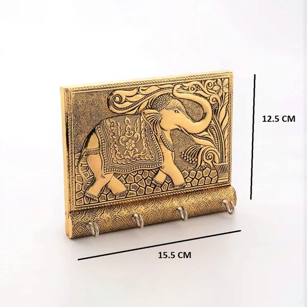 Wooden Elephant Design Key Holder Antique Gold Finish