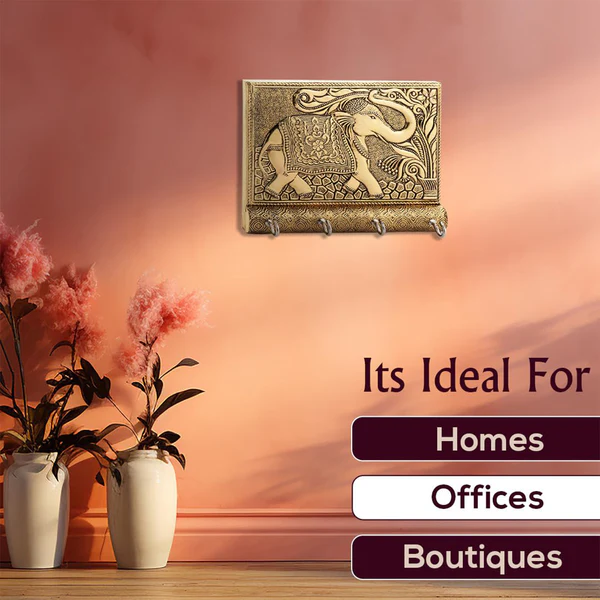 Wooden Elephant Design Key Holder Antique Gold Finish
