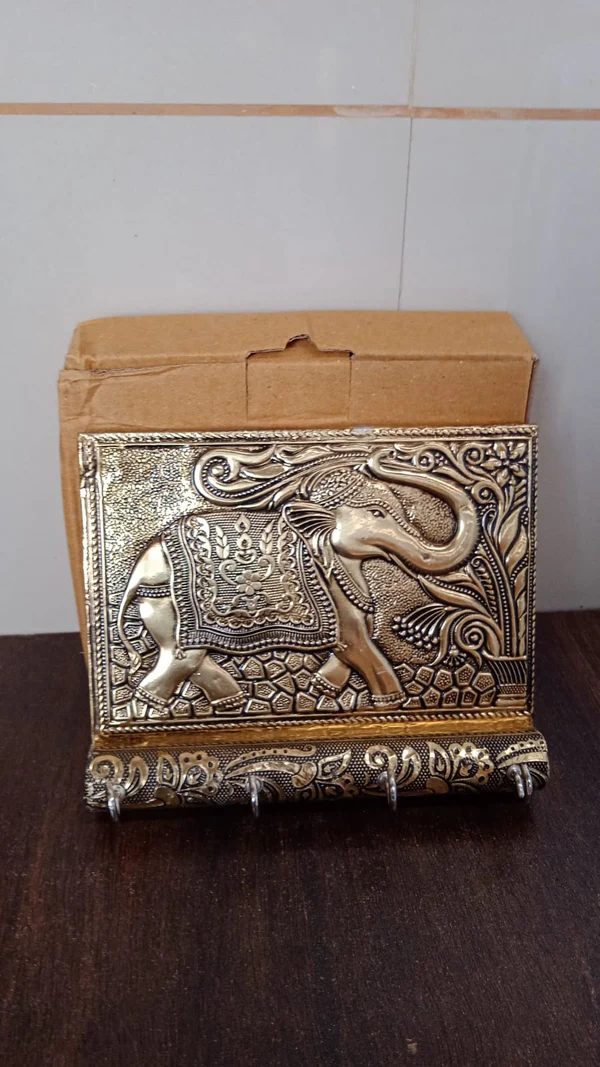 Wooden Elephant Design Key Holder Antique Gold Finish