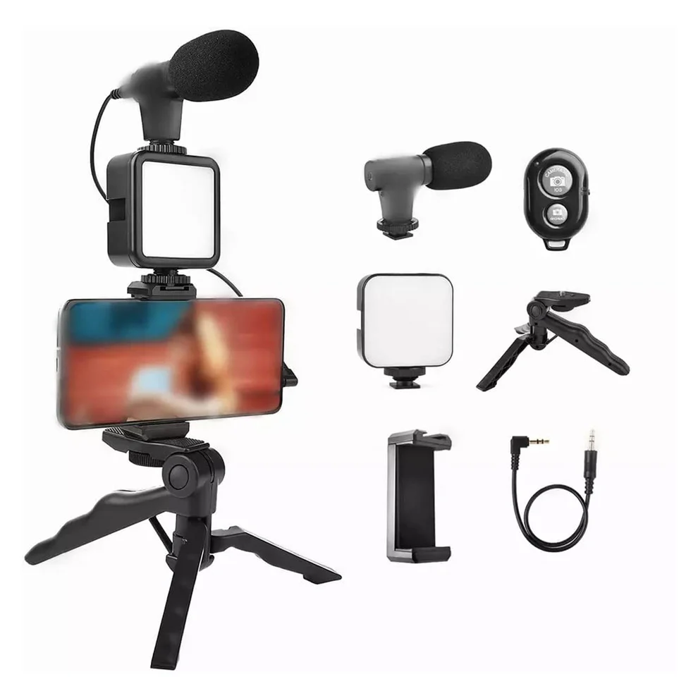 Complete Vlogging Kit with Mic Tripod LED Light Holder