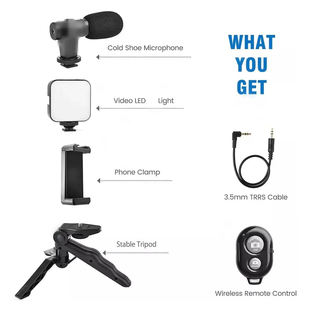 Complete Vlogging Kit with Mic Tripod LED Light Holder