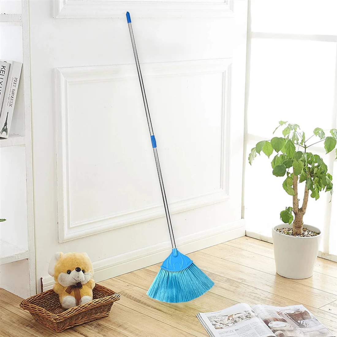 Broom with Long Stainless Steel Rod and...