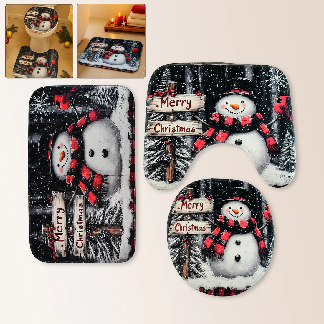 3 in 1 Christmas Theme Bathroom Mat Set