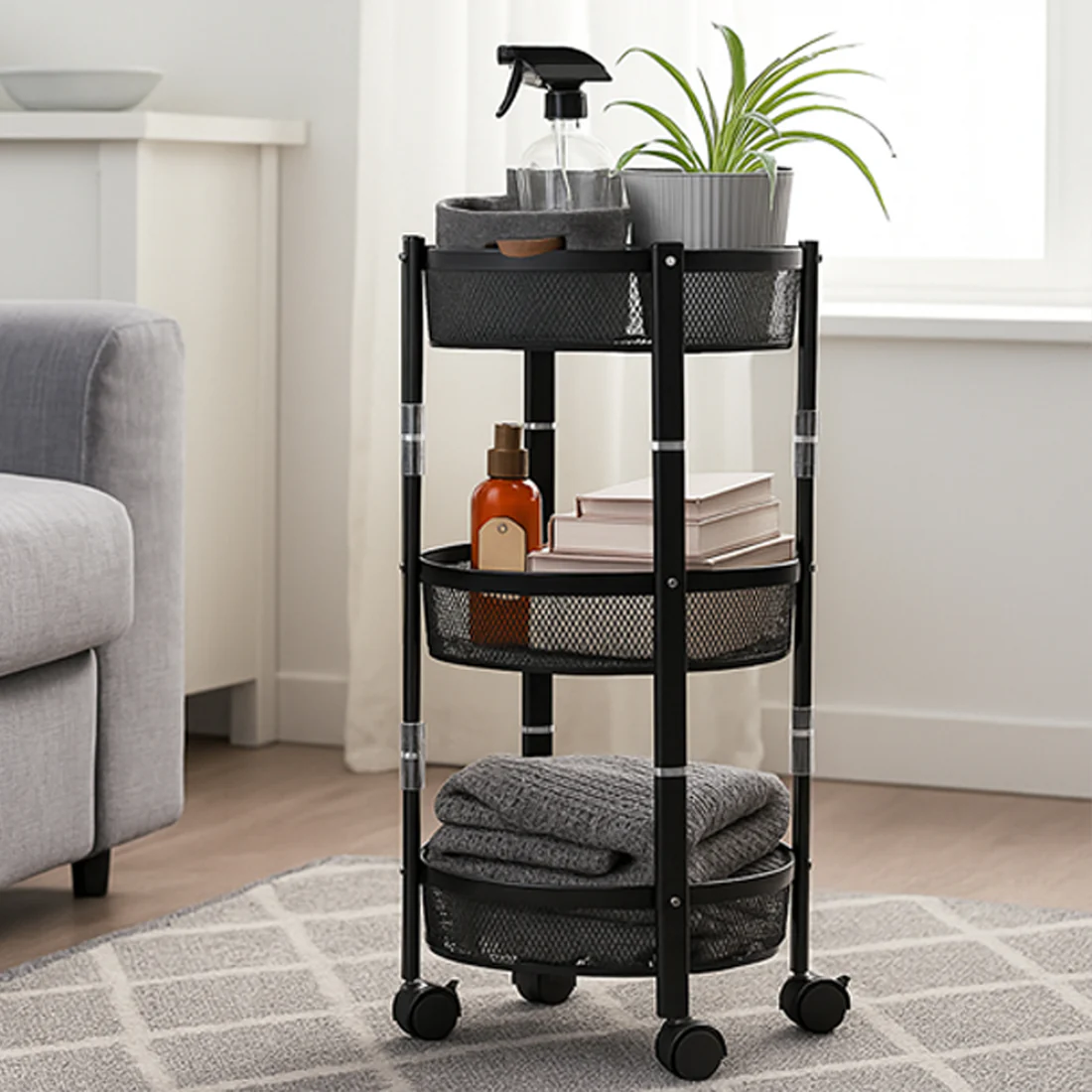 3 Layer Round Metal Storage Trolley with Wheels