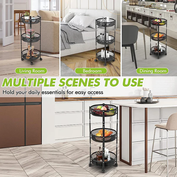 3 Layer Round Metal Storage Trolley with Wheels