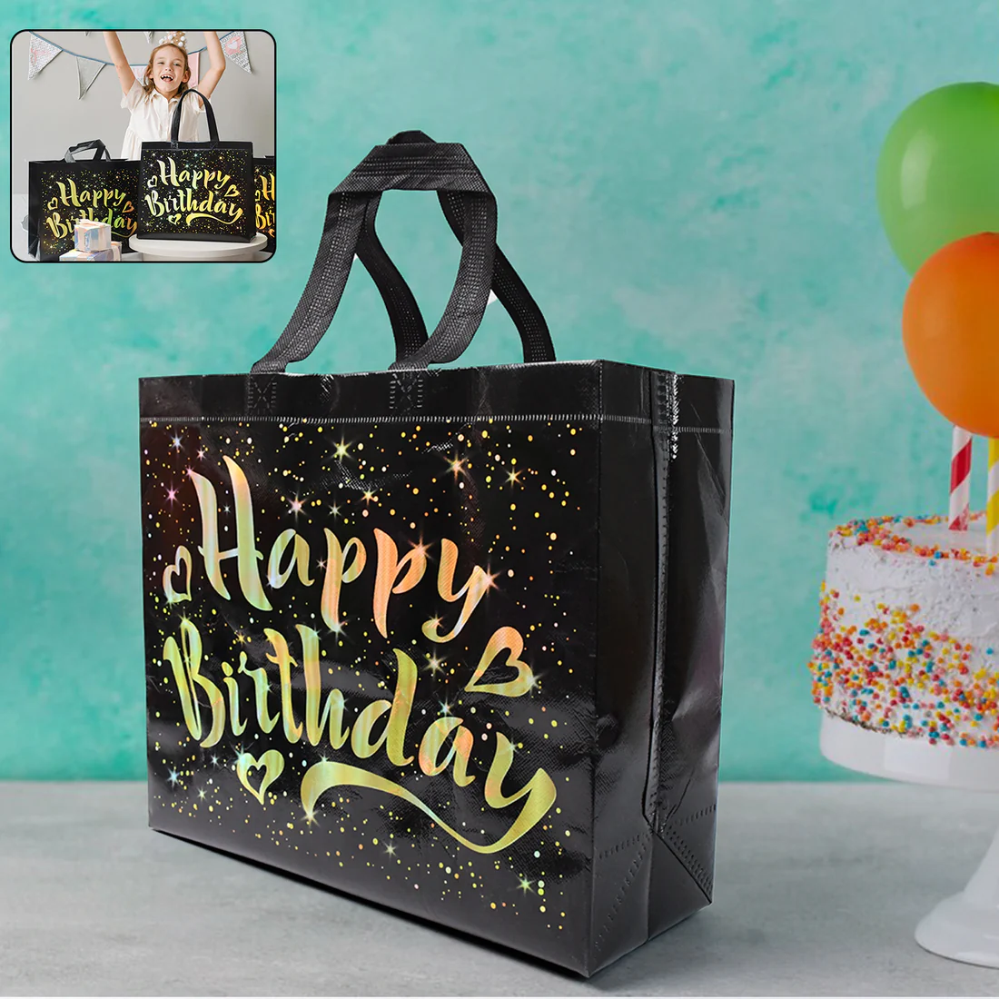 Birthday Gift Bag with Gold Shiny Stars,...