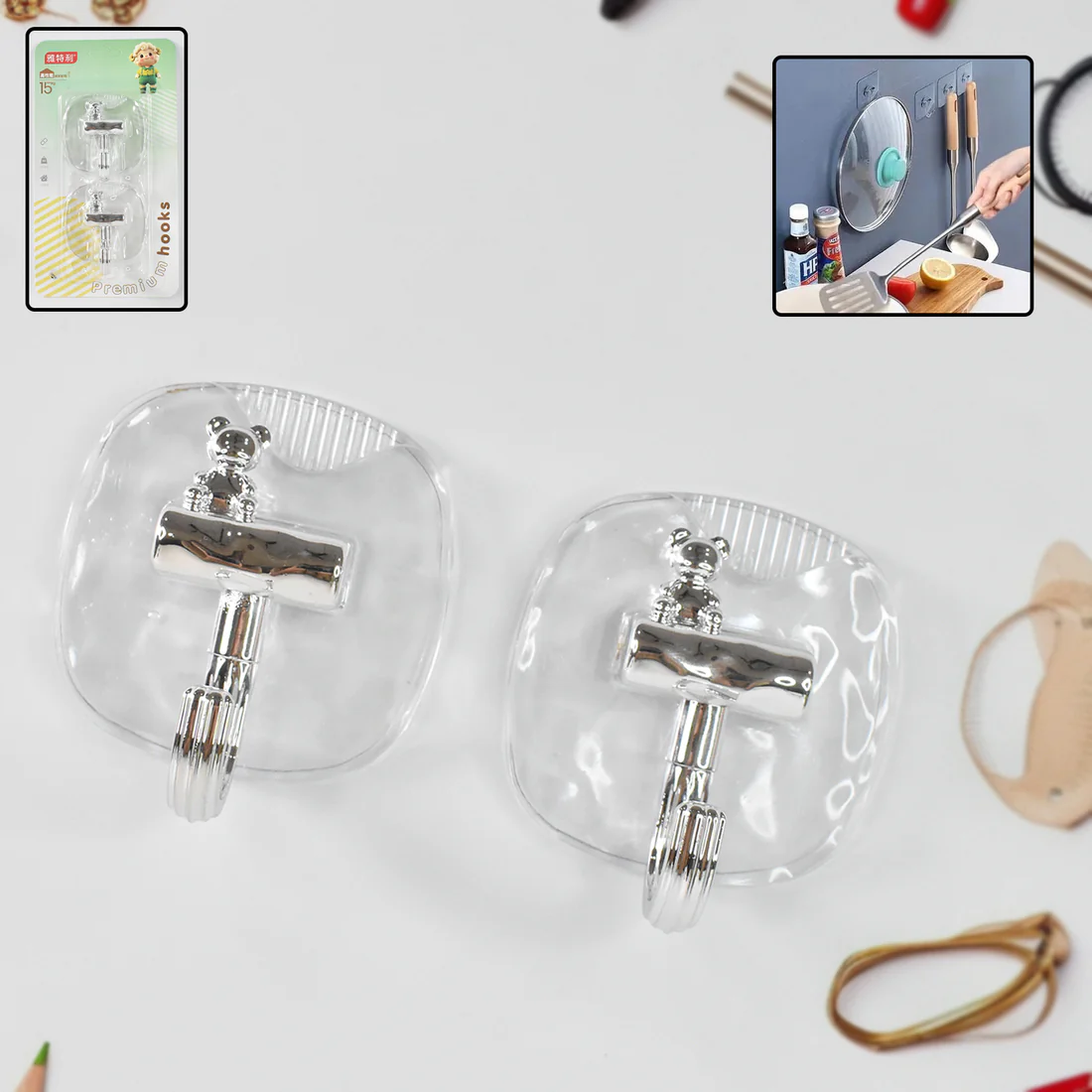 Large Plastic Self Adhesive Wall Hooks Heavy Duty Set