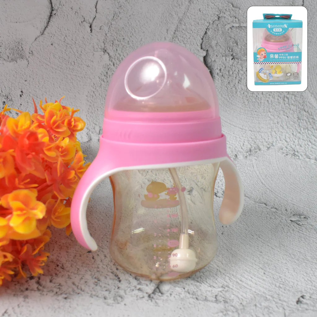Baby feeding bottle with handles straw a...