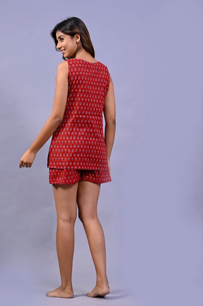 Red Cotton Printed Top & Shorts