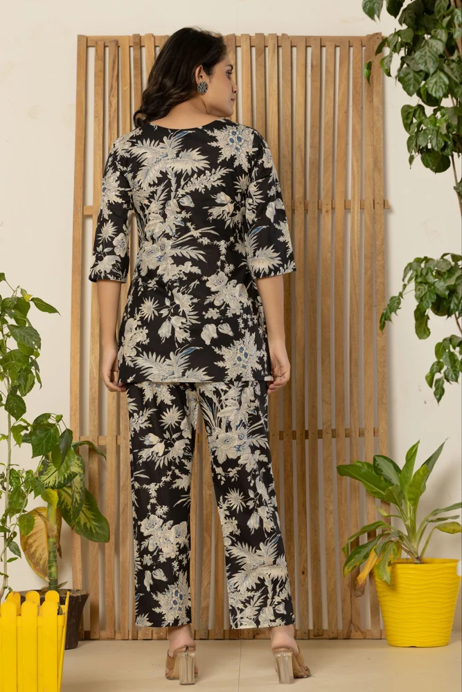 Black Floral Print Night Suits
