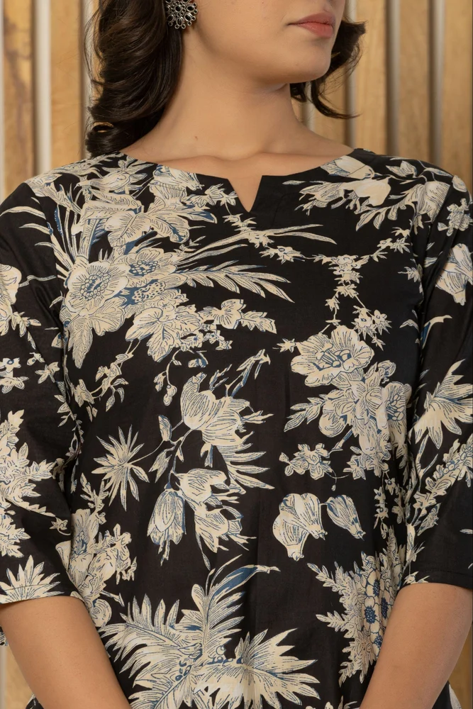 Black Floral Print Night Suits