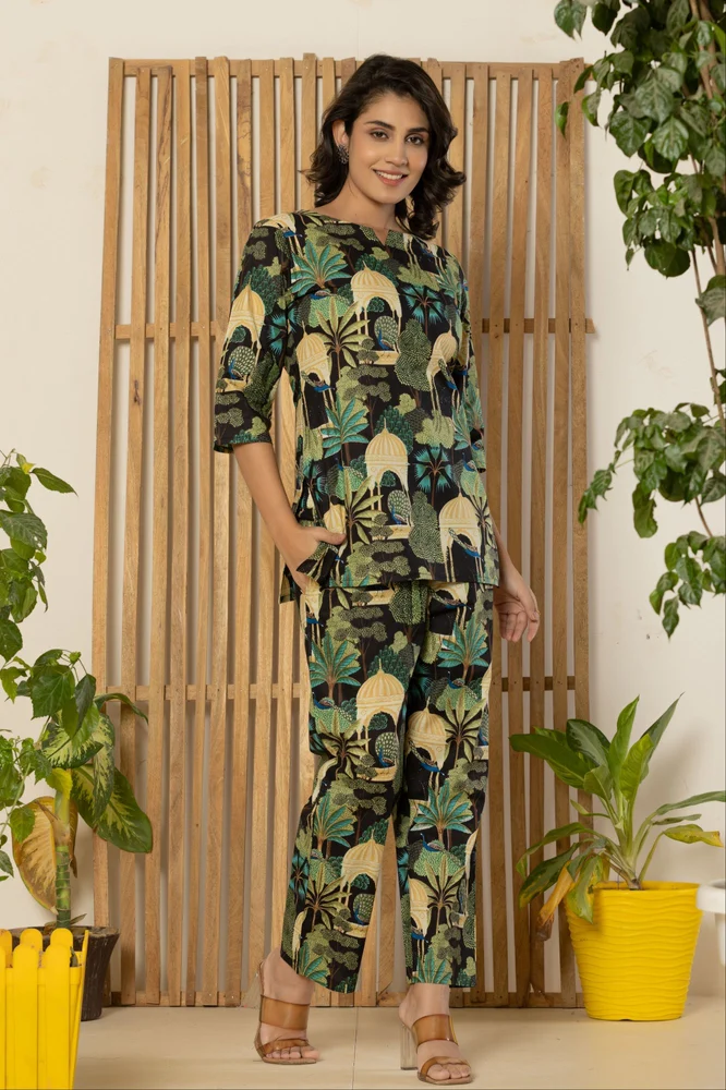 Black Jungle Print Night Suit