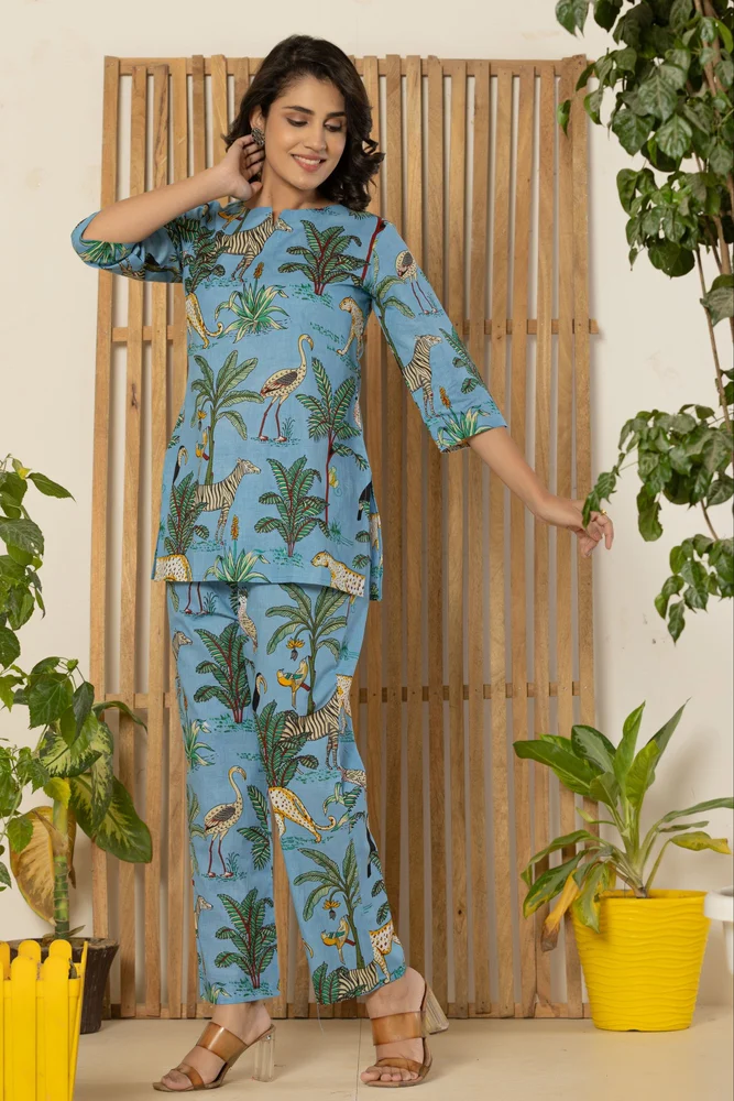 Blue Animal Print Night Suits