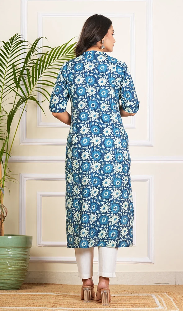 Blue Floral Katha Printed Cotton Kurti