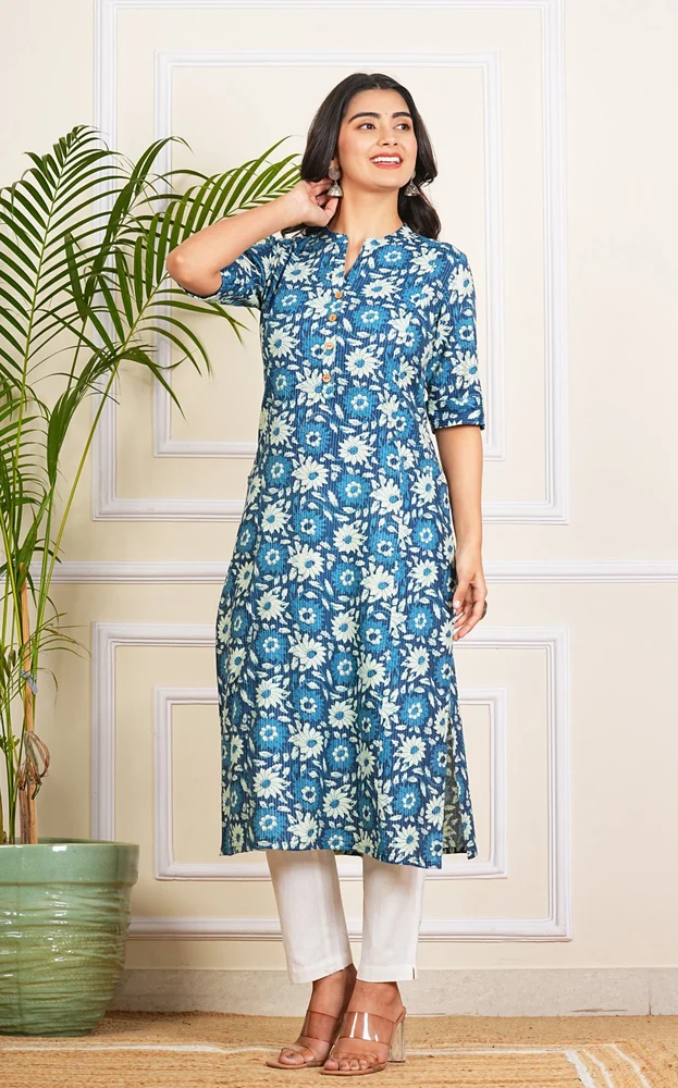 Blue Floral Katha Printed Cotton Kurti