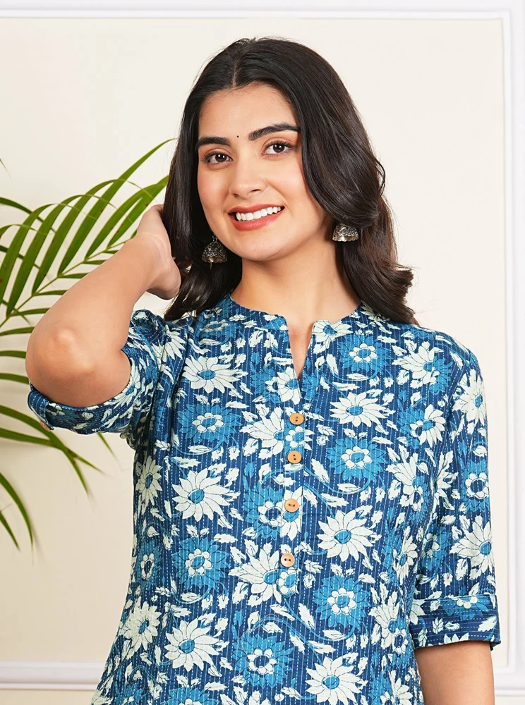 Blue Floral Katha Printed Cotton Kurti