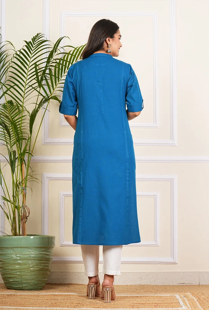 Ladies Blue Cotton Long Kurti