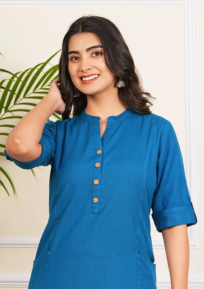 Ladies Blue Cotton Long Kurti