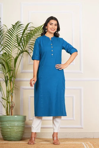 Ladies Blue Cotton Long Kurti