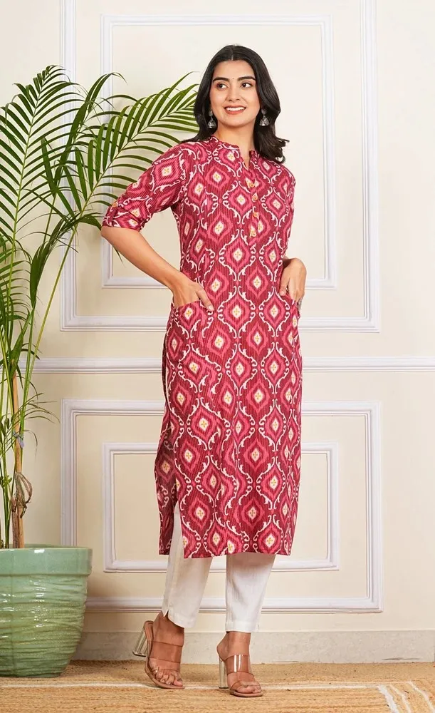 Red Ogee Printed Katha Cotton Kurti Tren...