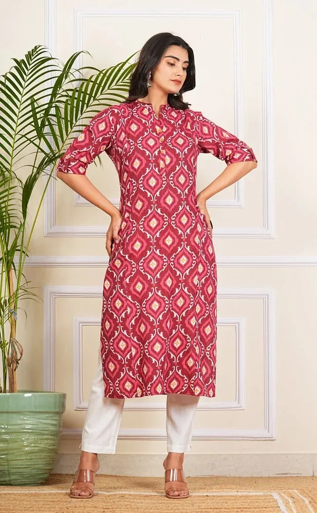 Red Ogee Printed Katha Cotton Kurti Trendy Women Outfit