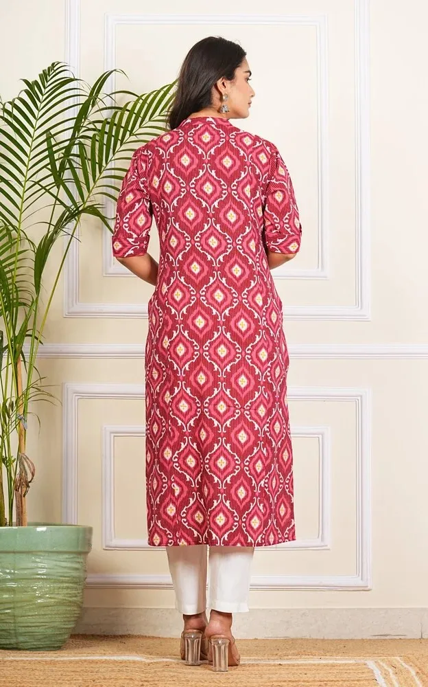 Red Ogee Printed Katha Cotton Kurti Trendy Women Outfit