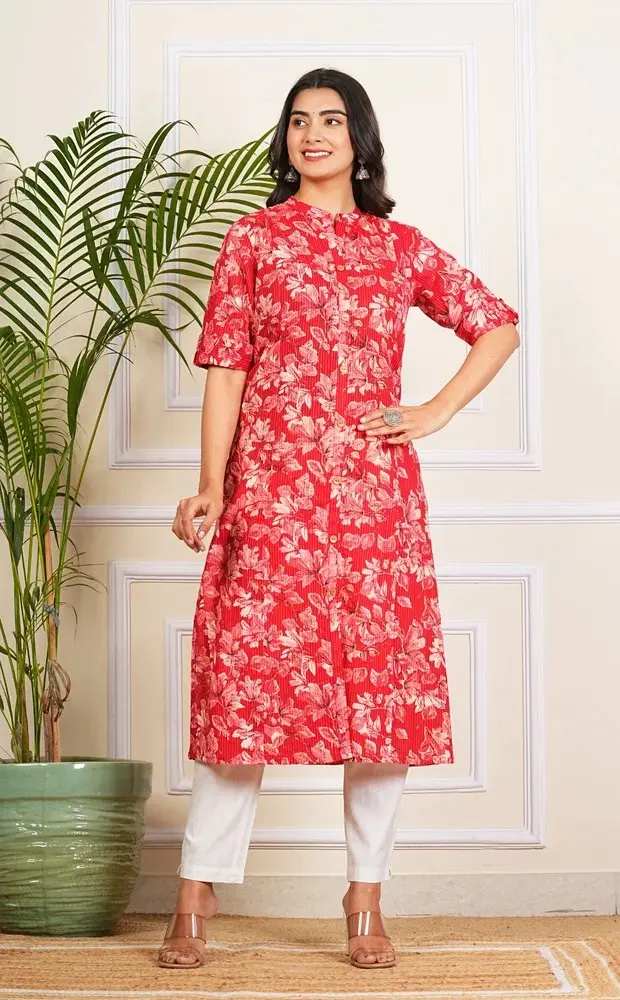Red Floral Printed katha Long Kurti