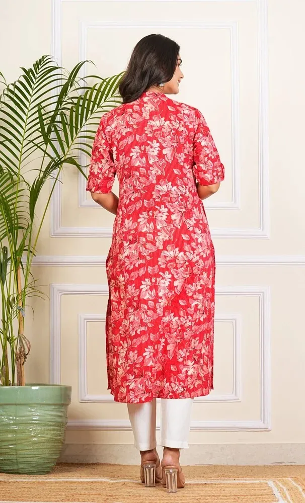 Red Floral Printed katha Long Kurti