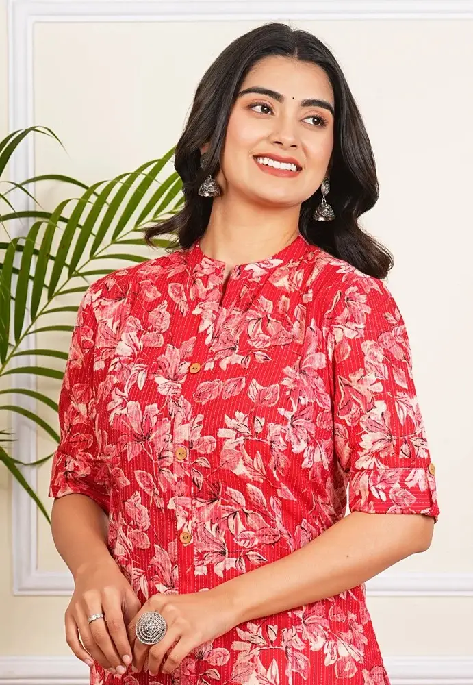Red Floral Printed katha Long Kurti