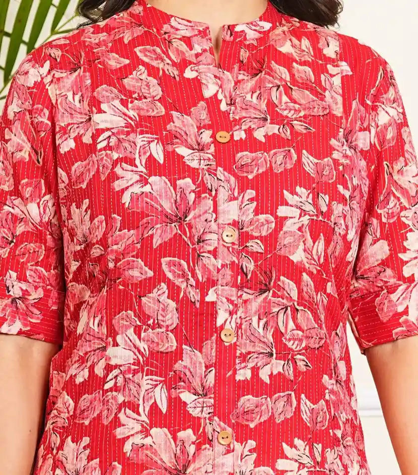 Red Floral Printed katha Long Kurti