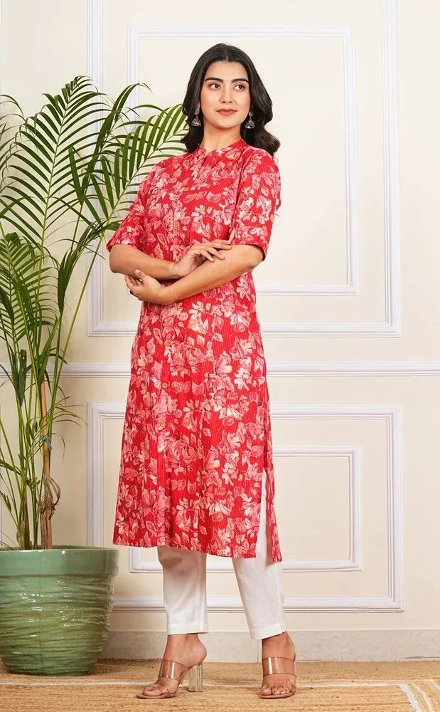 Red Floral Printed Katha Long Kurti Women Ethnic Wear