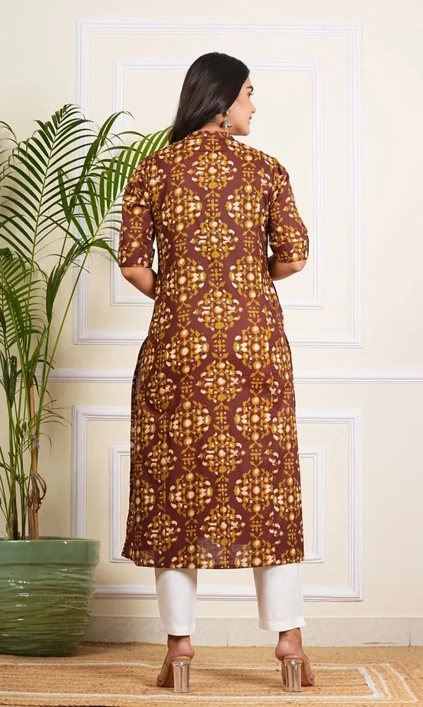 Dark Brown Cotton Long Kurti