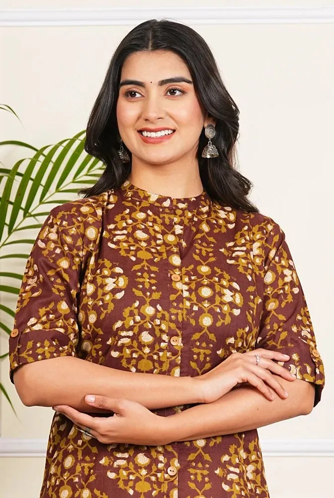 Dark Brown Cotton Long Kurti