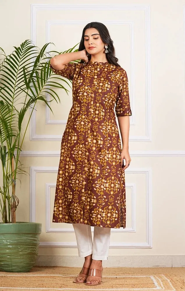 Dark Brown Cotton Long Kurti Stylish Women Ethnic Outfit