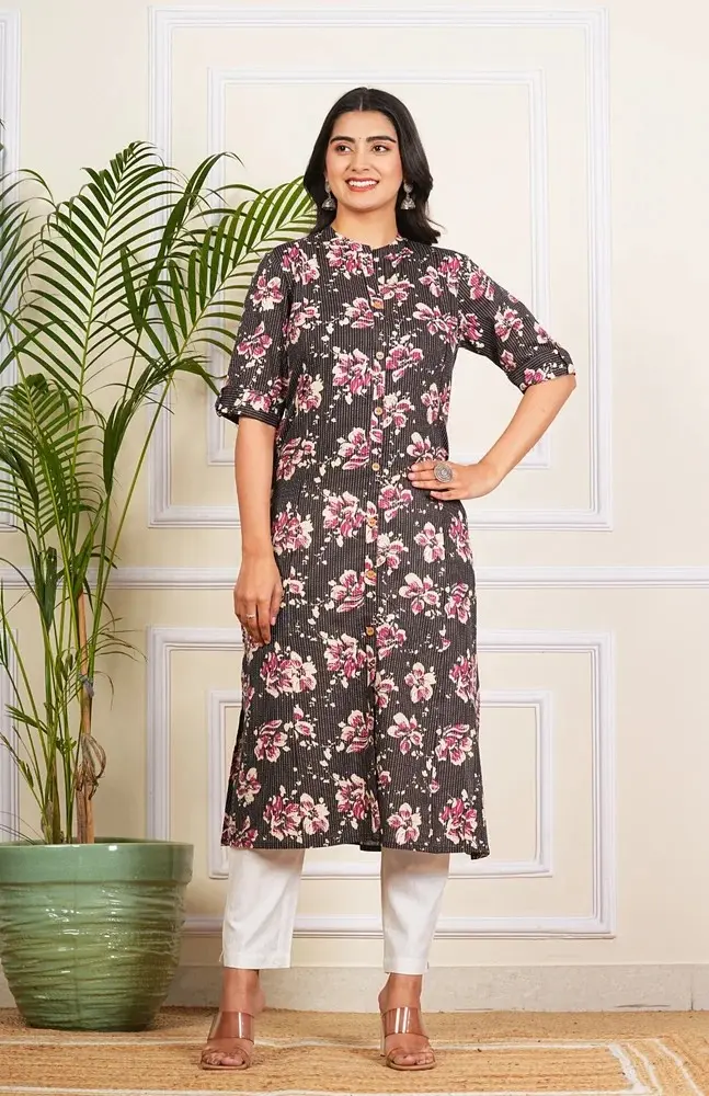 Black Katha Long Kurti Women Casual Ethn...