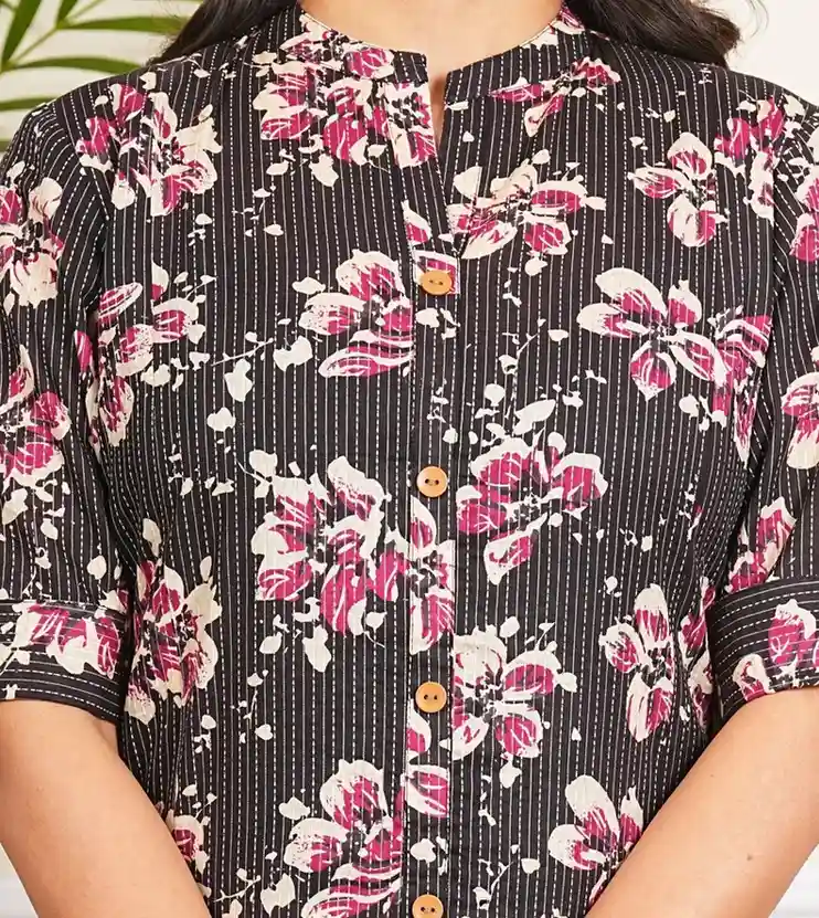 Black Katha Long Kurti Women Casual Ethnic Cotton Wear