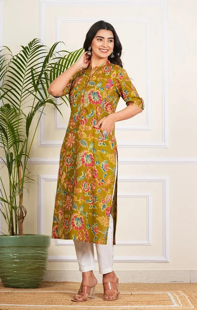 Mehendi Green Cotton Long Kurti