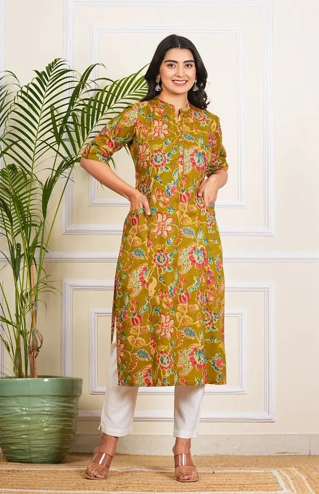 Mehendi Green Cotton Long Kurti Ethnic Casual Wear