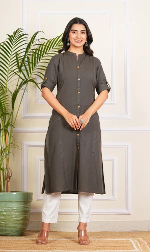 Ladies Gray Cotton Long Kurti Casual Eth...