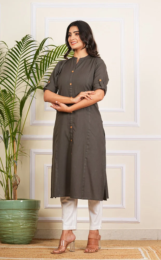 Ladies Gray Cotton Long Kurti Casual Ethnic Wear