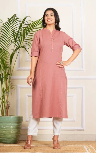 Ladies Pink Cotton Long Kurti Casual Eth...