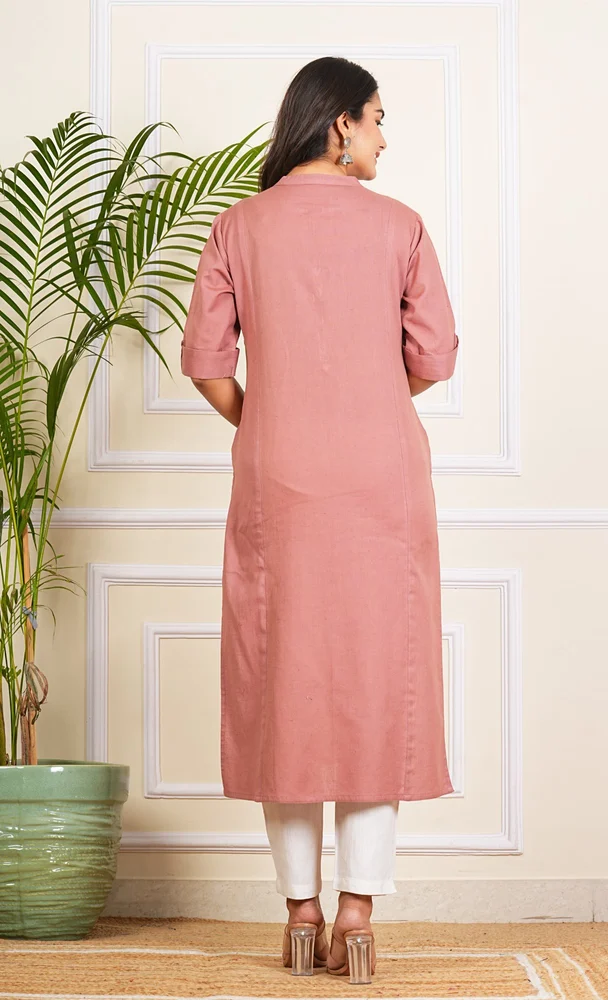 Ladies Pink Cotton Long Kurti Casual Ethnic Wear 