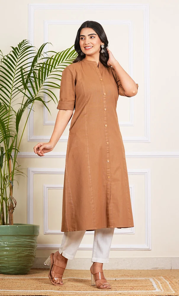 Ladies Blue Cotton Long Kurti Casual Ethnic Wear